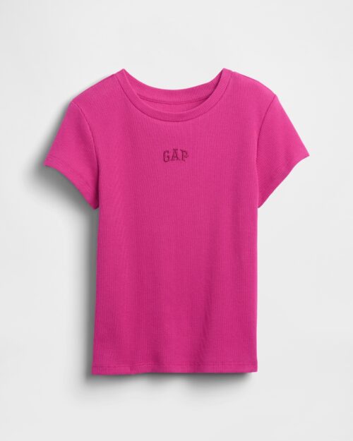 T-shirt dziecięcy prążkowany z logo różowy